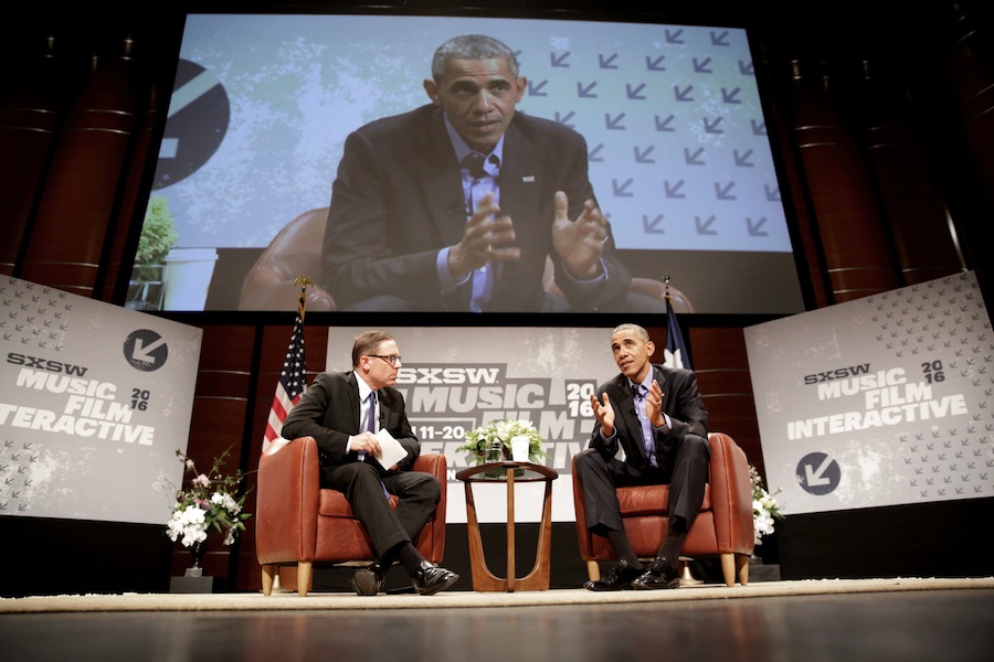 President Barack Obama participates in a discussion and Q&A with Evan Smith, CEO and Editor-in-Chief of the Texas Tribune, during the South by Southwest (SXSW) Interactive Festival at the Long Center for Performing Arts in Austin, Texas, March 11, 2016. (Official White House Photo by Chuck Kennedy)